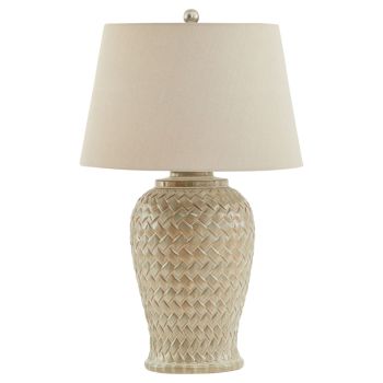 Woven Table Lamp with Linen Shade - Ceramic - L40 x W40 x H74 cm - White