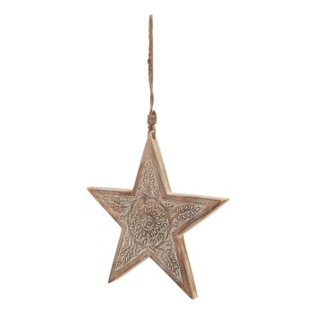Natural Large Patterned Hanging Star - Wood - L2 x W25 x H25 cm - Brown