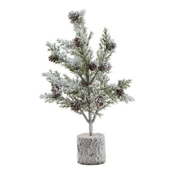 Small Snowy Fir Tree with Pinecones in Wood Log - Plastic - Height 30 cm - Brown