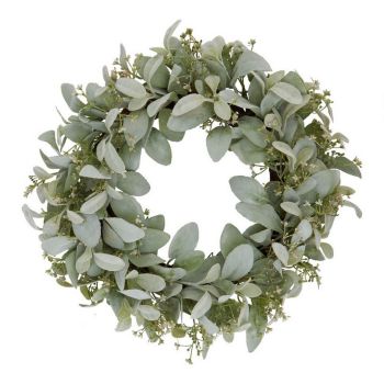 Winter Wreath with Lambs Ear and Wax Flower - Plastic - L23 x W45 x H45 cm - White