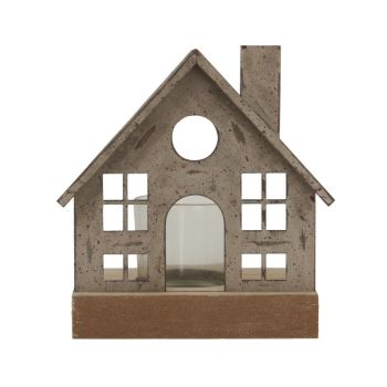 Rustic House Tealight on Wood Stand with Glass Votive - L8 x W12 x H13 cm - Brown