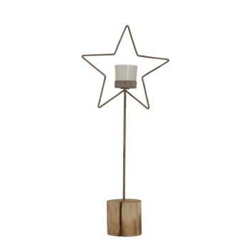 Natural Rustic Star on Wood Stand with Glass Votive - L8 x W20 x H48 cm - Brown