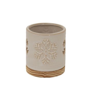 Alora Snowflake Candle Holder on Wood Base - Ceramic - L8 x W8 x H10 cm - White