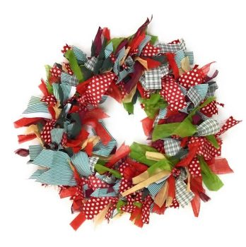 Christmas Wreath Cottage Style Wall Decor in Red Green Fabric - L30 x W30