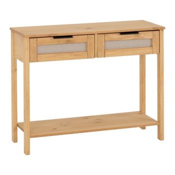 Corona Rattan 2 Drawer Console Table - L35 x W90 x H72 cm - Distressed Wax Pine/Rattan Effect