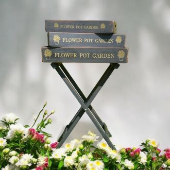 Decorative Foldable Stand with "Flower Pot Garden" Serving Trays (Set of 3) - Wood - Black