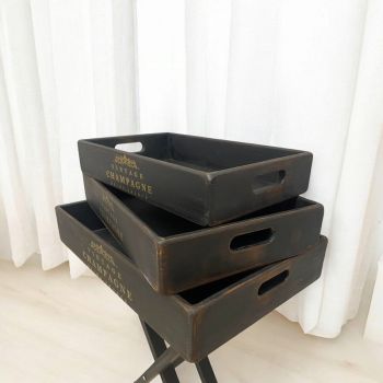 Decorative Foldable Stand with "Vintage Champagne" Serving Trays (Set of 3) - Wood - Black