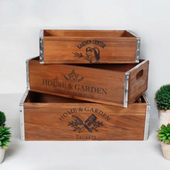 Rustic Vintage Garden Display Storage Trays (Set of 3) - Wood