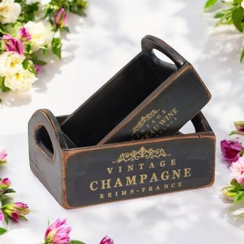"Vintage Champagne" - Crate Planters (Set of 2) - Wood - Black