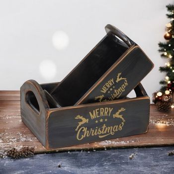 "Merry Christmas" - Crates (Set of 2) - Wood - Black