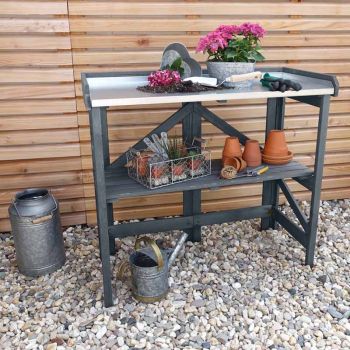 Garden Potting Table with Zinc Plated Worktop - 45L x 97W x 88H - Timber/Metal - Grey