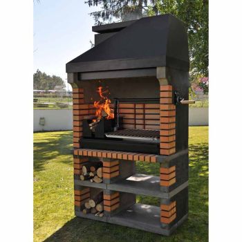 Large Pan American Style Grill with Wood Fired Brazier Barbecues - Concrete/Stainless Steel - L70 x W120 x H220 cm - Brown