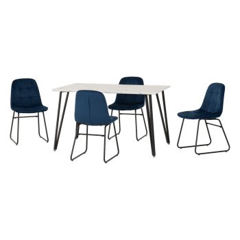 Marlow & Lukas Indoor Dining Set with 4 Chairs - White Marble/Sapphire Blue Velvet