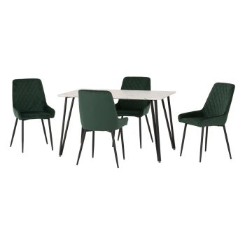Marlow & Avery Indoor Dining Set with 4 Chairs - White Marble/Emerald Green Velvet