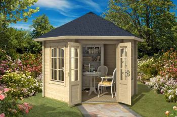 Rivera 44-Log Cabin, Wooden Garden Room, Timber Summerhouse, Home Office - L420 x W363.7 x H318.1 cm