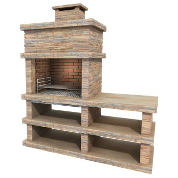 Londres Light Stone Charcoal Bbq with Side Table and Shelving - D68 x W187 x H190 cm - Brown