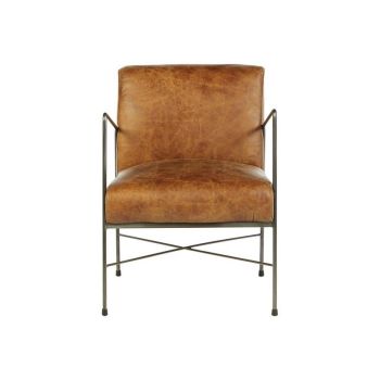 Hoxton Leather and Iron Lounge Dining Chair - Metal/Natural/Synthetic/Wood - L71 x W57 x H78 cm - Brown