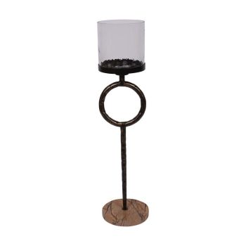 Rutland Floor Hurricane Small - Marble/Iron/Glass - L23 x W23 x H92.5 cm - Antique Gold/Forest Brown