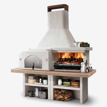 Gargano 3 Masonry Barbecue with Wood Fired Oven - 95L x 204W x 267H - Concrete/Stainless Steel - White/Grey