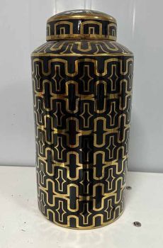Jar with Lid Geometric Pattern Design - Ceramic - L18 x W18 x H35 cm - Black/Gold