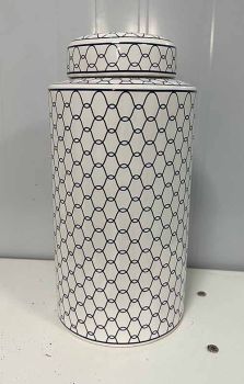 Jar with Lid Geometric Pattern Design - Ceramic - L18 x W18 x H35 cm - White/Navy