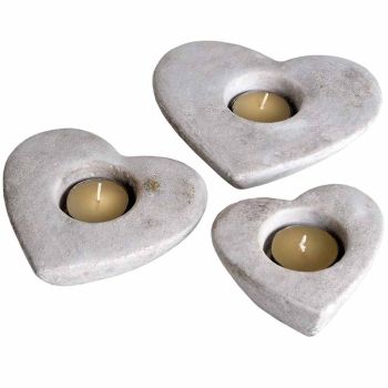 Set of Three Heart Tea Light Holders - Stone - L5 x W16 x H35 cm - Cream