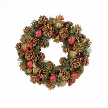 Natural Red Berry Wreath - Polystyrene/Pinecones/Plastic - L35 x W35 x H9 cm - Red