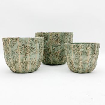 Small Set of 3 Pots - Cement - L37 x W37 x H31 cm - Light Green/Orange