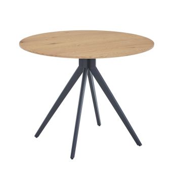 Round Dining Table with Light Oak Effect Top and Black Pedestal Base - MDF/Metal - L100 x W100 x H75 cm - Flat Packed