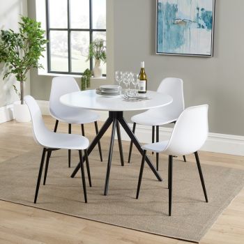 Aspen Round Dining Table and 4 Curve Plastic Seat Chairs with Metal Legs - White/Black - Flat Packed