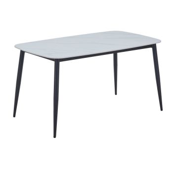 Rectangular Dining Table in Gloss White with Black Legs - Sintered Stone/Metal - L80 x W140 x H75 cm - Flat Packed