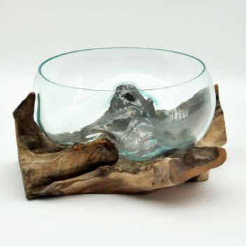 Fruit Bowl on Teak Root Stand - Medium - Blown Glass/Wood - L35 x W35 x H30 cm
