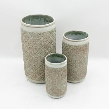 Set of 3 Geometric Design Pots - Cement - L37 x W37 x H60 cm - Light Green