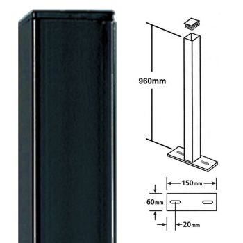 Square Flat Top Bolt-Down Blank Post - Solid Steel - L50 x W50 x H960 mm - Electro Galvanised/Black Powder Coated