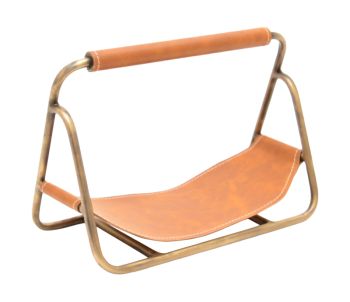 Contemporary Hanging Leather Kindling Holder - Iron - L18 x W29.5 x H20 cm - Antique Brass