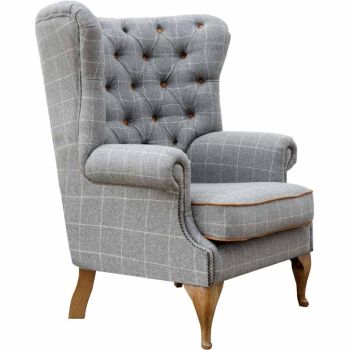 Wrap Around Wing Chair - Combi 1 - Leather/Wool - L90 x W90 x H111 cm - Grey/Oak