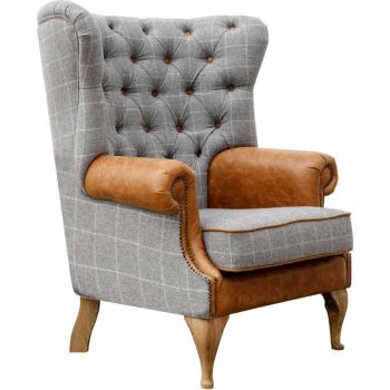Wrap Around Wing Chair - Combi 2 - Leather/Wool - L90 x W90 x H111 cm - Grey/Tan