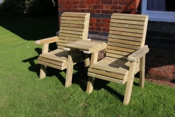 Ergonomical Companion Seat, Wooden Garden Love Seat Chair Set, 2 Chairs with Straight Tray - L100 x W170 x H105 cm - Fully Assembled