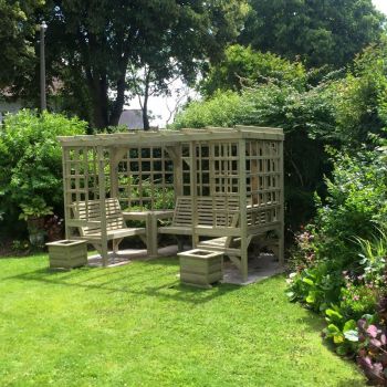 The Riviera Seated Pergola, Wooden Garden Corner Arbour Seat with Table & Trellis - L210 x W335 x H205 cm - Assembly Included