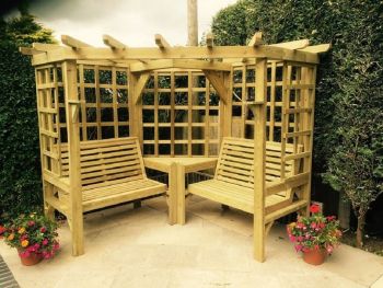 Clementine Corner Arbour- 4 Seat Garden Arbour, Wooden pergola seat, pressure treated timber pergola with two benches and coffee table, outdoor seating area