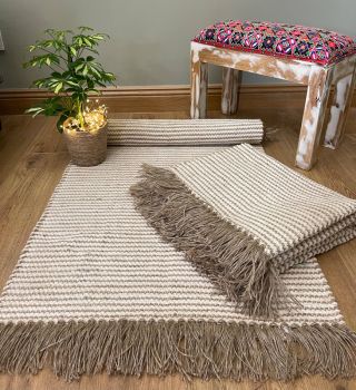 Colva Rug Yarn in Natural Beige Ivory Stripes - Cotton - L70 x W200