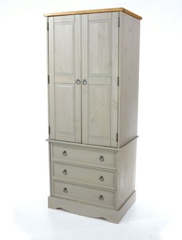 Grey Corona 2 Door, 3 Drawer Wardrobe - Pine - 76.5 x 55.5 x 187.7 cm - Grey Wax/Antique Waxed Pine