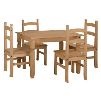 Corona Rectangular Dining Table and 4 Chair Set - Pine - 118 x 75 x 75 cm - Antique Waxed Pine