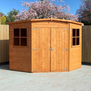Corner Shed Double Doors Tongue and Groove Garden Shed Workshop Approx 7 x 7 Feet - Honey Brown Timber Basecoat