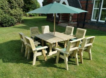 Ergo 8 Seater Square Table Set Including 8 Chairs includes FREE SET OF GREEN CUSHIONS, wooden outdoor garden furniture, alfresco dining set