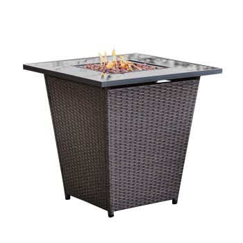  29" Rattan Base Tempered Glass Top Propane Firepit (with lava rock and regulator) - Espresso Brown - 76 x 73 x 73 cm