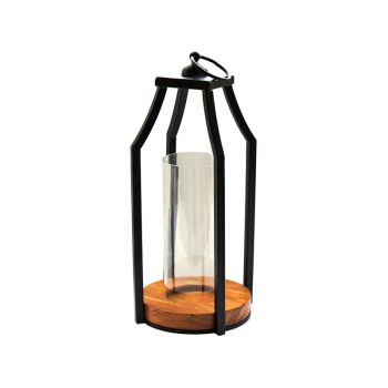 Felicity Circular Base Lantern - Glass/Metal - L20 x W20 x H44 cm - Black/Acacia Wood