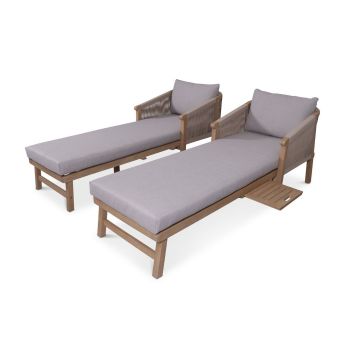 Roma Sun Lounger with Pullout Side Tray & Beige Coloured Back and Seat Cushion - Acacia Hardwood - L68 x W194 x H69 cm - Light Teak