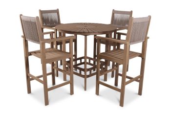 Roma Table with 4 Seater Rope Armchairs Bar Set - Acacia Hardwood - Light Teak