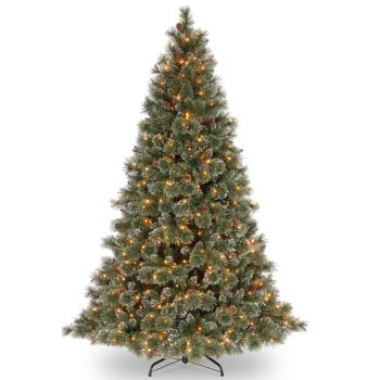 6 Feet Glittery Bristle Pine Hinged Tree with 55 Tipped Cones and 500 Warm LED Lights - White